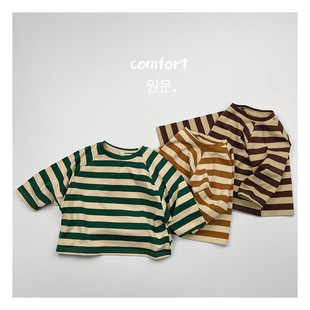 Korean-style Japanese Children's Contrast Striped Long-sleeved T-shirt Spring and Autumn Bat Raglan Sleeve Round Neck Base Shirt for Boys and Girls