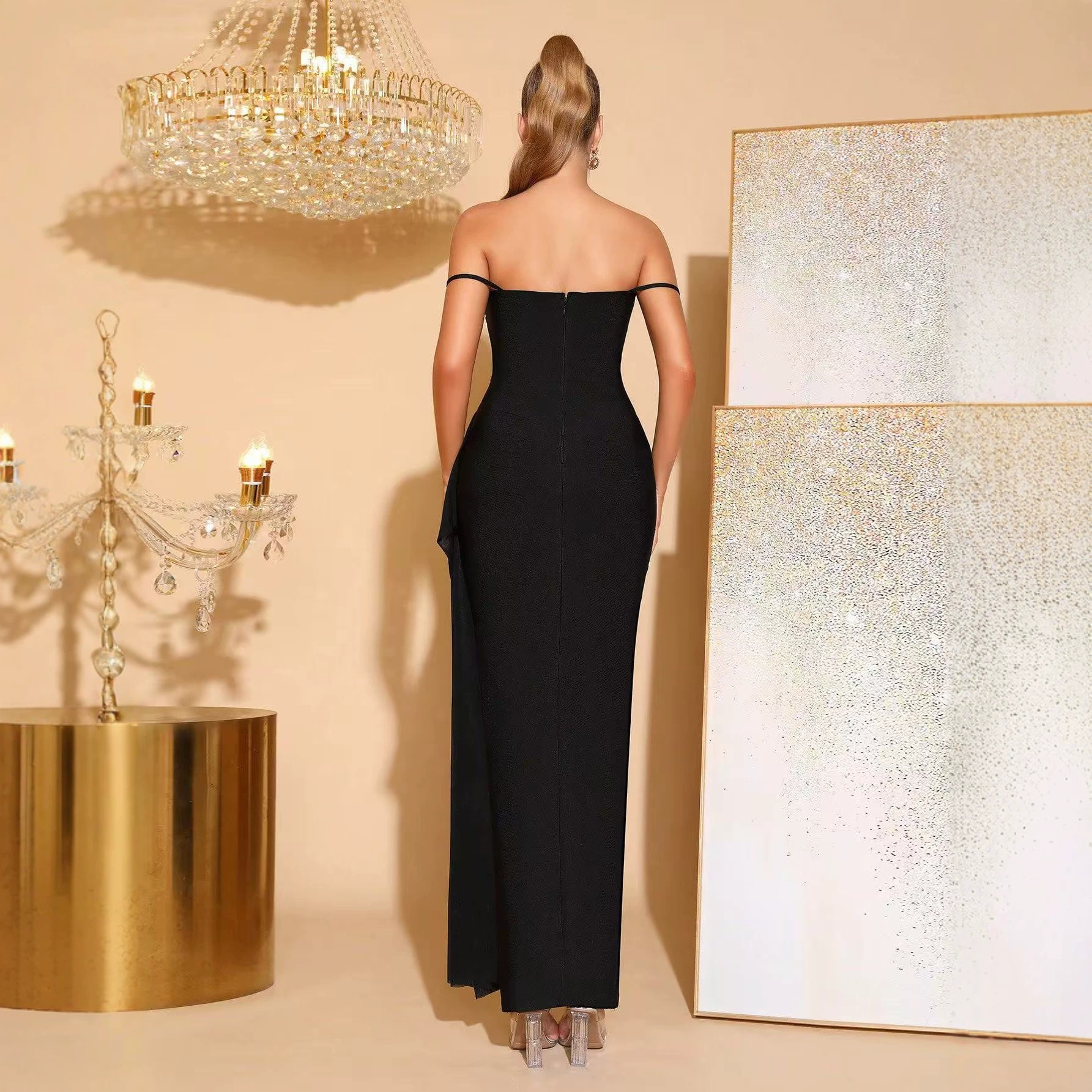 Elegant Bandage Dress With Beading & Crystals | Off-Shoulder Bodycon Gown For Parties, Galas, And Special Occasions_ecoleips.com