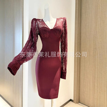 速卖通亚马逊欧美新款蕾丝酒红V领垫肩连衣裙绷带裙