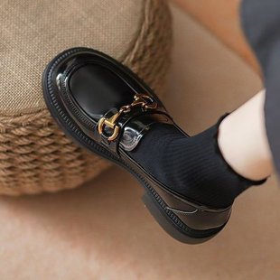 British Style Loafers 2024 Spring and Autumn New Slip-on Black Single-layer Shoes Women's Thick Heel Flat Leather Shoes Women's Sneakers