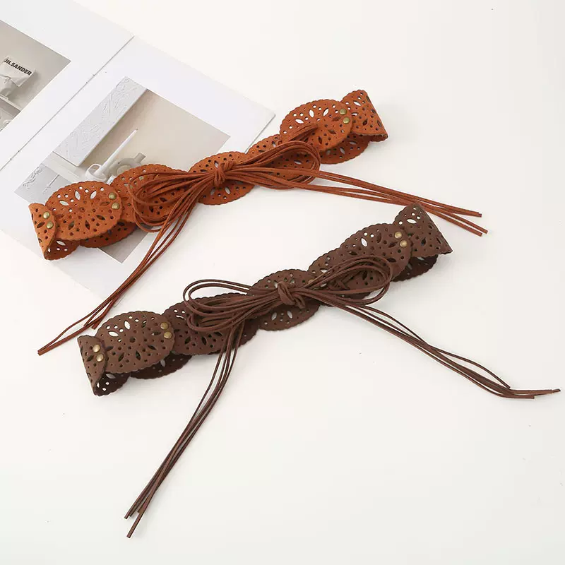 跨境百搭镂空女士宽腰带 流苏打结民族风配裙子装饰布带优雅腰封