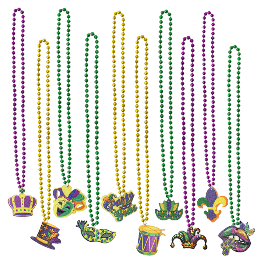 Collar de carnaval, Nueva Orleans, colgante de oro púrpura, colgante de cuentas verde, decoración de fiesta, joyas de cuentas de Mardi Gras