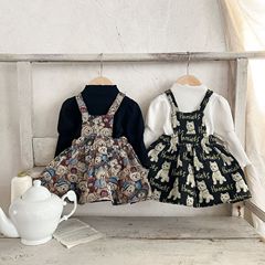 Korean style girls spring and autumn high collar puff sleeve bottoming shirt + cartoon suspender skirt suit ins infant and child two-piece trendy set