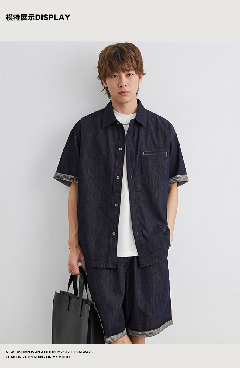 Bộ đồ denim nam 2 mảnh áo sơ mi ngắn tay quần short — màu xanh chi tiết 12
