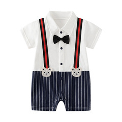 Baby boy's first birthday party dress summer gentleman thin short-sleeve infant 100-day full moon stylish strap wind onesie
