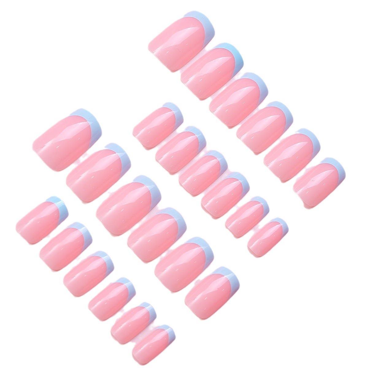 240 piezas de parche de uñas en caja rosa desnudo francés azul pálido líneas de borde simple versátil desmontable al por mayor