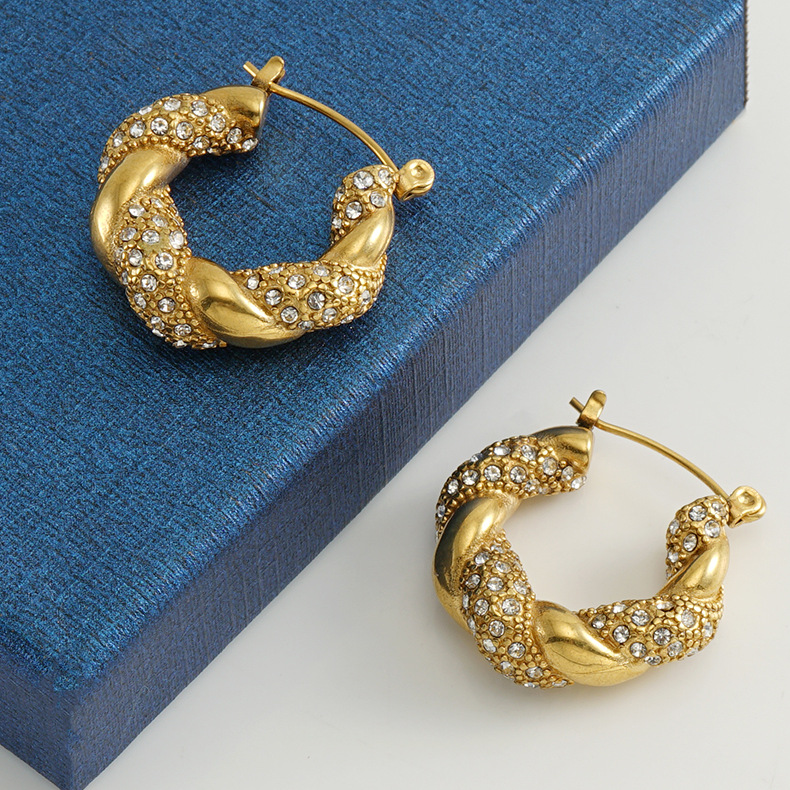 1 Pair Lady Round Gold Plated Stainless Steel Rhinestones Gold Plated Earrings display picture 3