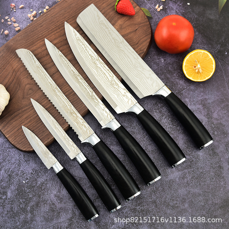 Cuchillo de cocina de comercio exterior, cuchillo de pintura en aerosol de acero inoxidable, mango de Damasco, patrón láser, cuchillo único, succión de doble cara, súper buen producto al por mayor