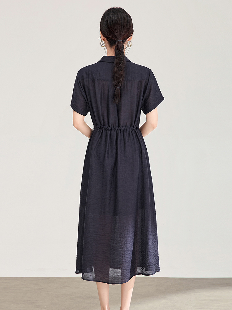 Đầm sơ mi nữ dáng suông chất liệu linen phối cườm nhẹ — màu xanh navy