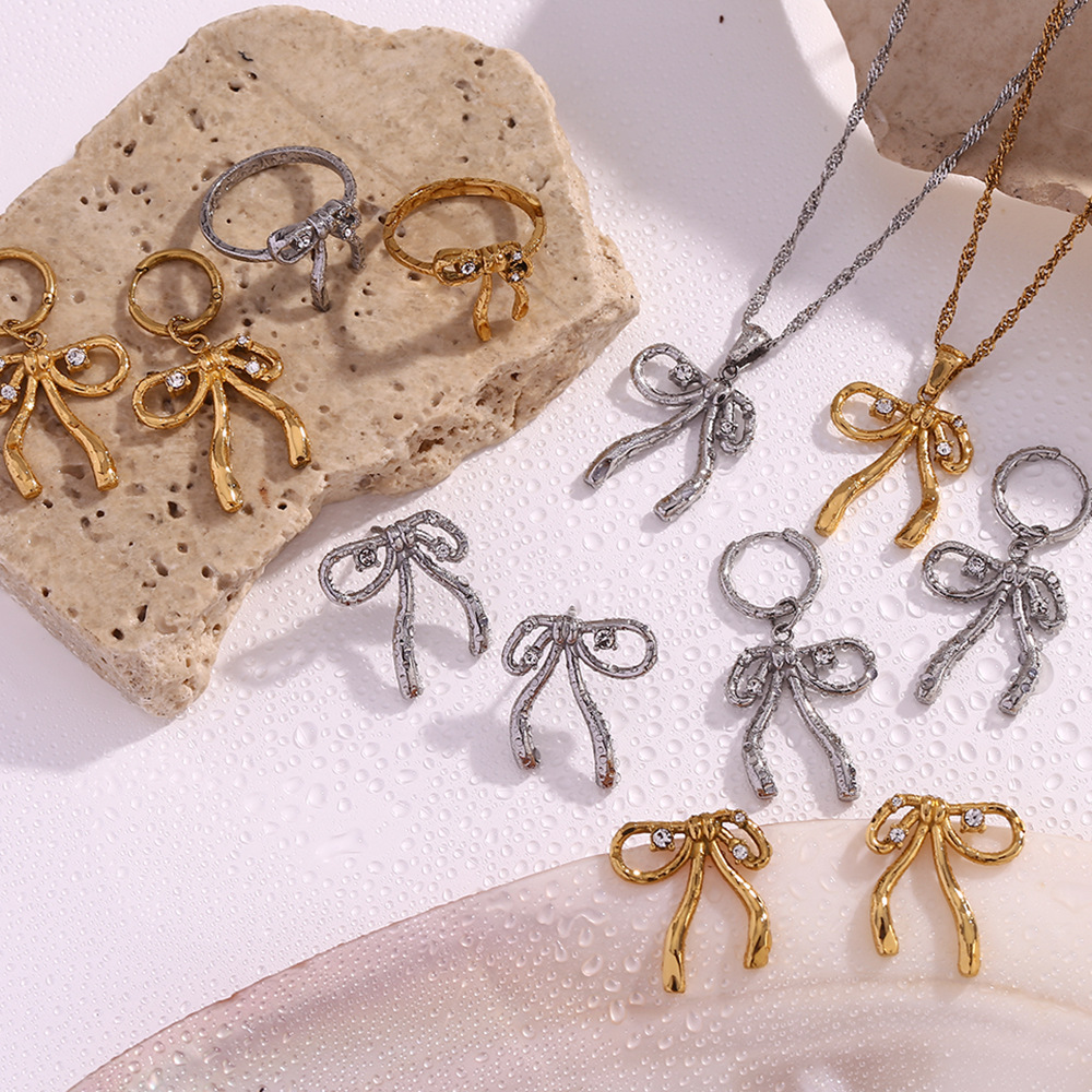Sweet Rhinestone Inlaid Bow Knot Stainless Steel Pendant Necklace Earrings Ring Sets
