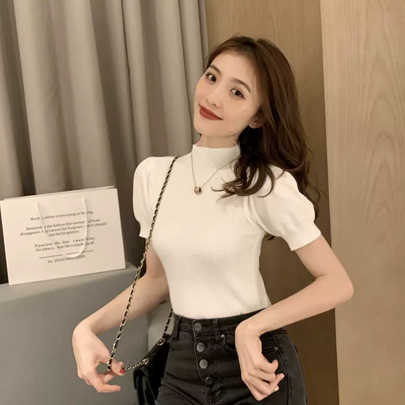 2025早秋新款洋气半高领短袖打底衫女白色修身内搭别致针织衫上衣