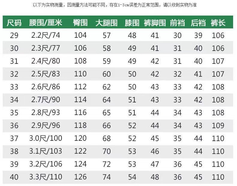 牛仔裤尺码表