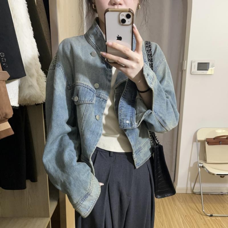 春と秋の女性用ショートデニムジャケット、多用途、ゆったり、小柄なデザイン、ニッチソルトスタンドカラージャケットトップ|undefined