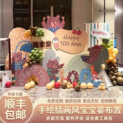 赤ちゃんの百日の宴会の満月の歳のシーンは背景の壁の男の女の子の家のホテルのkt板を飾ります。