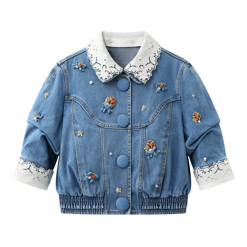 In Stock 2026 Summer Women's New Style Lace Crochet Collar Beaded Half-Sleeve Denim Shirt Lf26X21Nc172