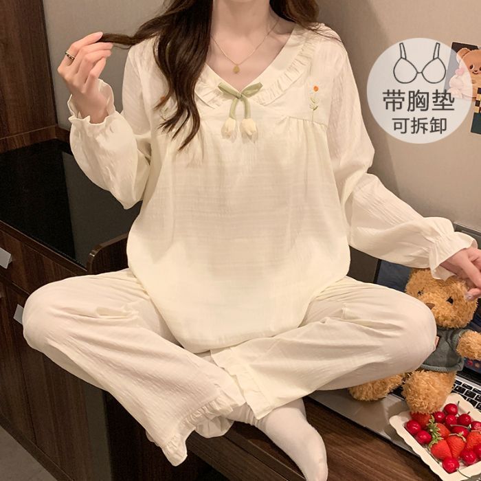 云朵棉睡衣女春秋季带胸垫长袖公主风甜美宽松大码胖mm家居服套装|undefined