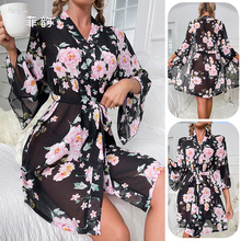 菲韵外贸新款雪纺睡衣女 印花轻奢长袖凉感睡袍浴袍家居服女596