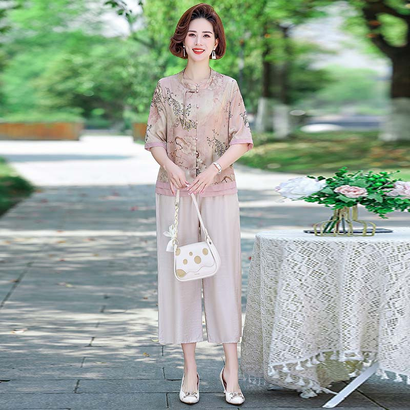 New Chinese Style Mother Cool Summer Chiffon Short-sleeved Printed Top Wide-leg Pants Suit Elegant National Style Middle-aged Women's Clothing