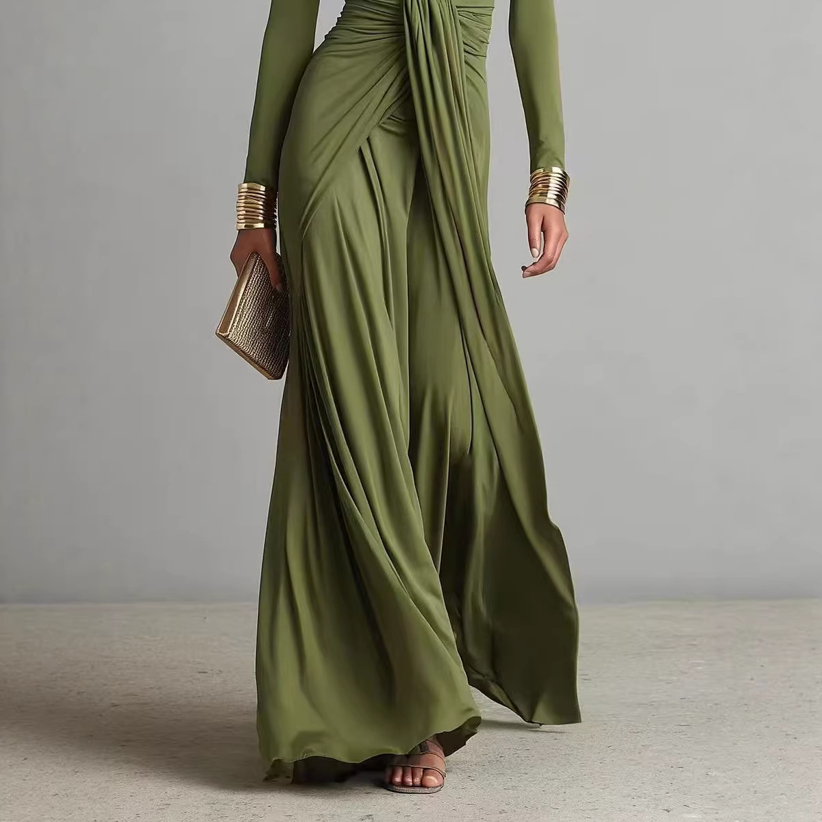 Women's Elegant French Style Dress Solid Color Textured Long Sleeve Spring Autumn_voghion.com
