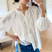 秋季新款法式棉衬衫女长袖设计感白色衬衣度假风欧美跨境女装罩衫