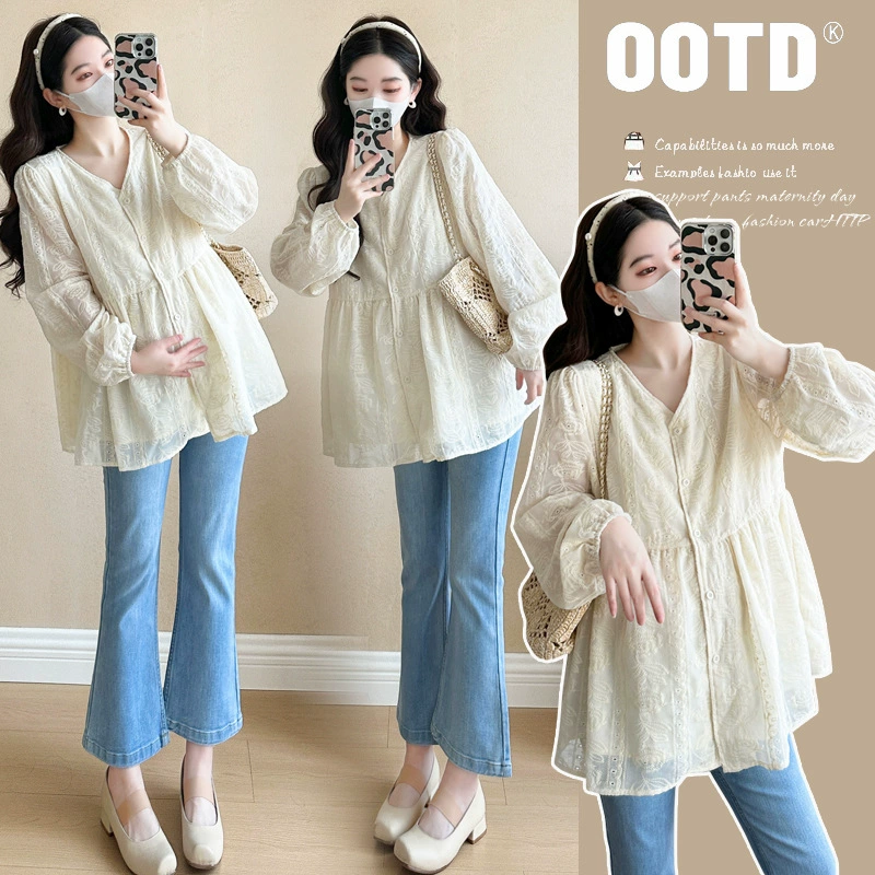 Реальный спот для беременных женщин весной 2025 года новая корейская версия V-образного выреза из розы с вышивкой