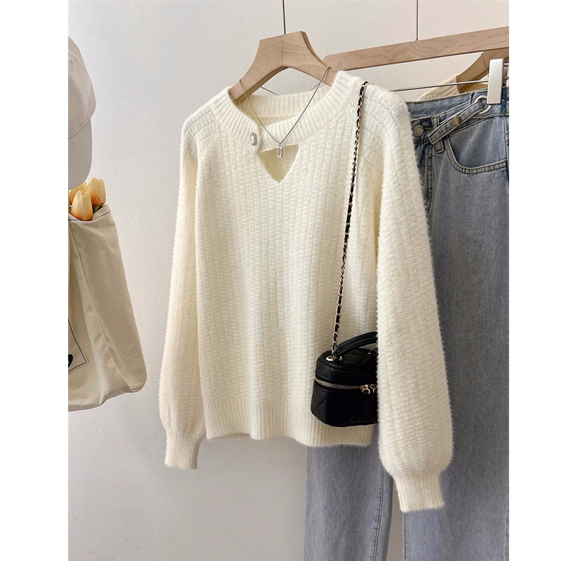 Demi-season elegant base knitted sweater with a round collar