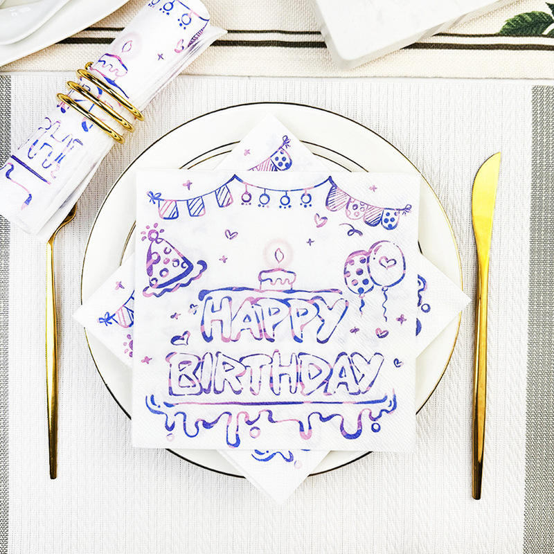 in stock Happy Birthday Printed Napkin Paper Towel Halloween Decoration Party Layout Meal Disposable Pad Paper Towel