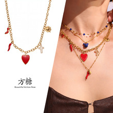 方糖滴油红高跟鞋爱心十字架满钻吊坠项链女小众设计DIY饰品配件