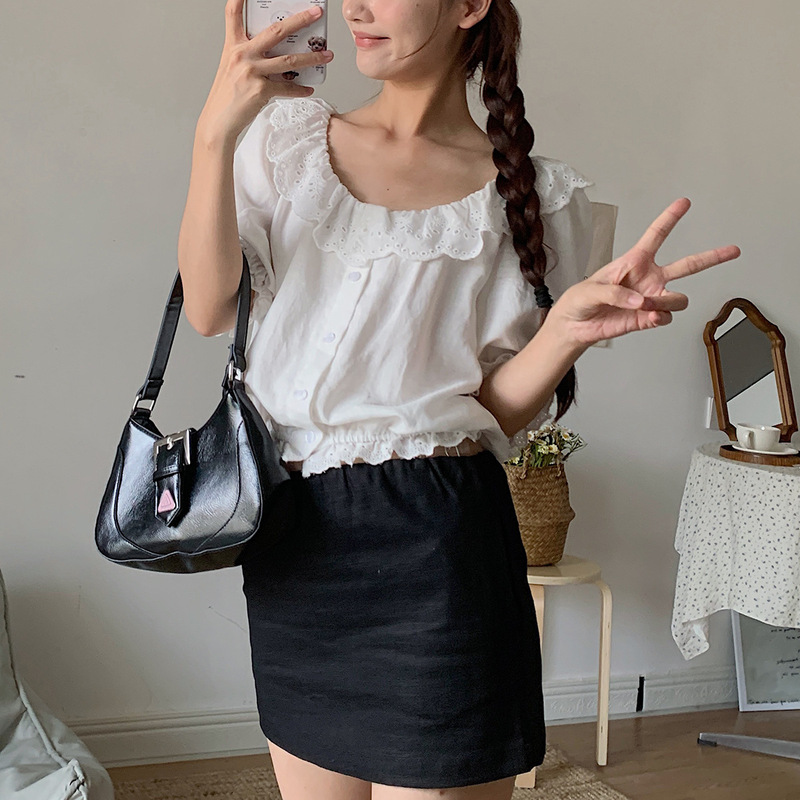 White Tencel Jacquard Blouse for Women, Summer French Style, Slim Fit, Lace Trim, Linen Shirt, Lace Hollow-Out Patchwork Top