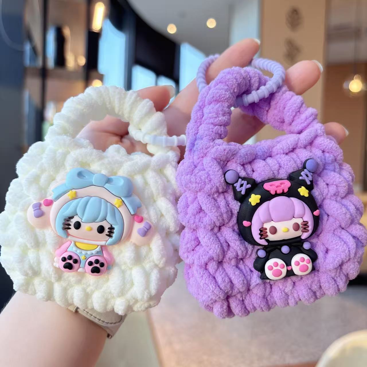 Creativo dibujos animados Kullomi lana trenzado bolsas de cambio llaveros auriculares portátiles lindos trenzados bolsa de almacenamiento regalo