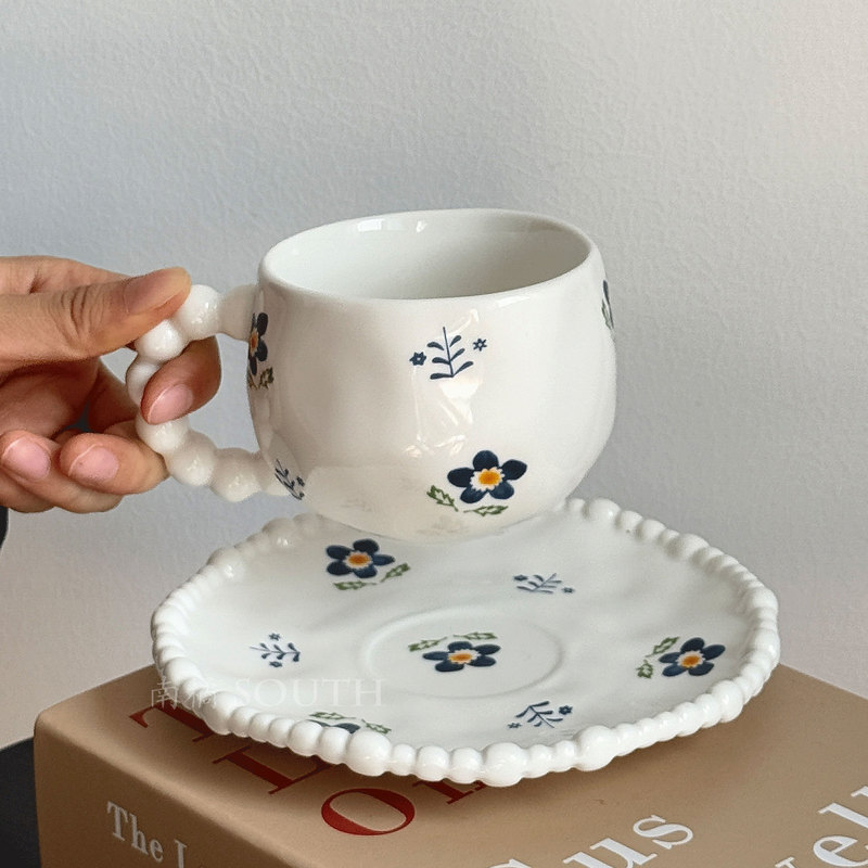 South复古浮雕珍珠蓝色小花咖啡杯碟拉花拿铁杯下午茶杯小众礼物|undefined