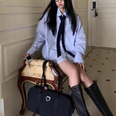 紅人館の青いシャツの女性の春の2025新型の上着のストライプの独特で美しいフランスの長袖のシャツ