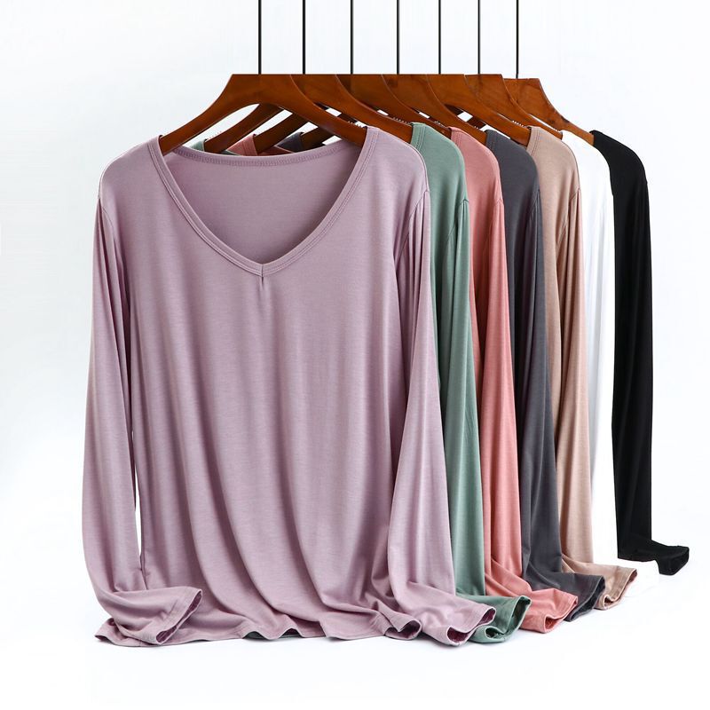 Spring and Autumn New Modal V-neck Long Sleeve Base Shirt Plus Fat MM Solid Color T-shirt Simple Loose Women's Top