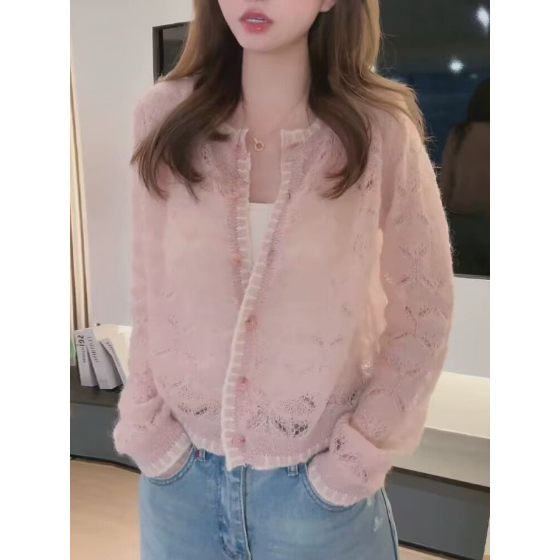 Hollow Mohair Long-Sleeved Knitwear Women's Spring and Summer Thin Knitwear Cardigan 2025 New Style Lazy Elegant Top