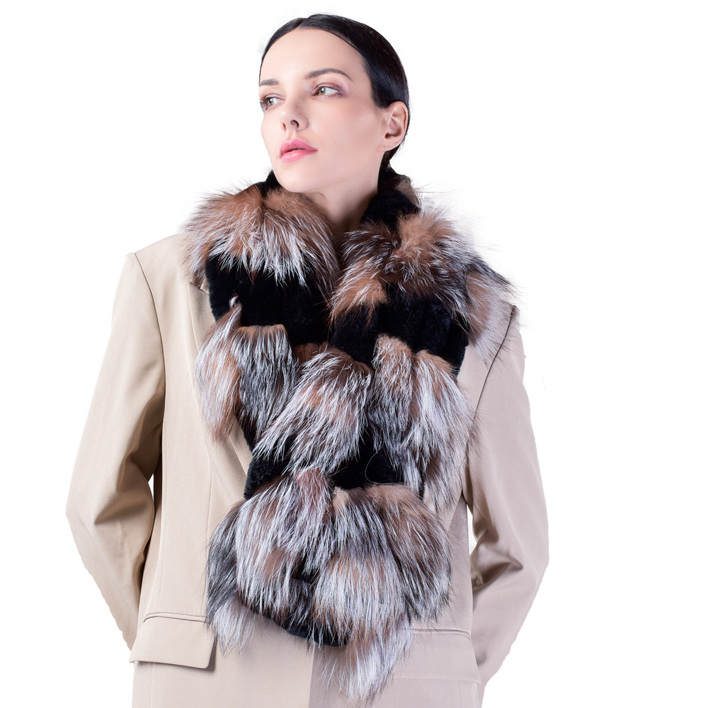 新款秋冬狐狸毛配獭兔毛双面编织皮草围巾气质保暖真毛毛领女韩国