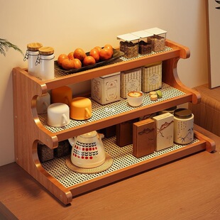 Desktop Small Solid Wood Chinese-Style Tea Cup Rack, Purple Clay Teapot Display Rack, Tea Set Storage Rack on the Tea Table