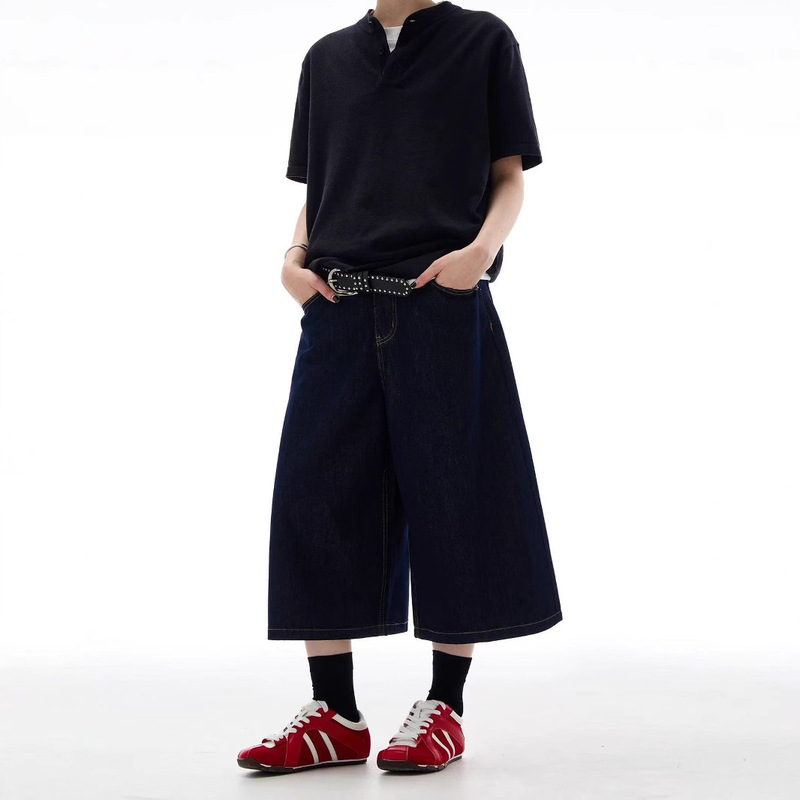 American Style Retro Loose Wide Leg Original Cattle Cropped Jeans Unisex High Street All-match cleanfit Casual Shorts Trendy