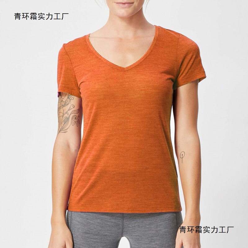 16.5 Micron Mercerized Merino Wool T-Shirt for Women, V-Neck, Slim Fit, Quick-Drying, Outdoor Base Layer, Sports and Leisure Short-Sleeved