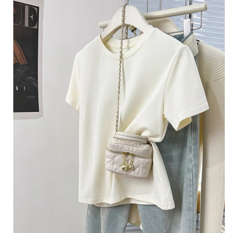 Basic Brown Pure Cotton Right Shoulder Short-Sleeved T-Shirt for Women in Spring and Summer Design Niche Bottoming Shirt with T-Shirt Top