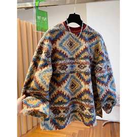 【胖妹妹】复古民族风羊羔毛卫衣女宽松休闲慵懒风保暖套头上衣服