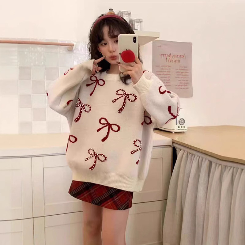 Suéter de Año Nuevo coreano para mujeres otoño y invierno nuevo viento perezoso hombre pequeño cuello redondo rojo chaqueta de punto image 5