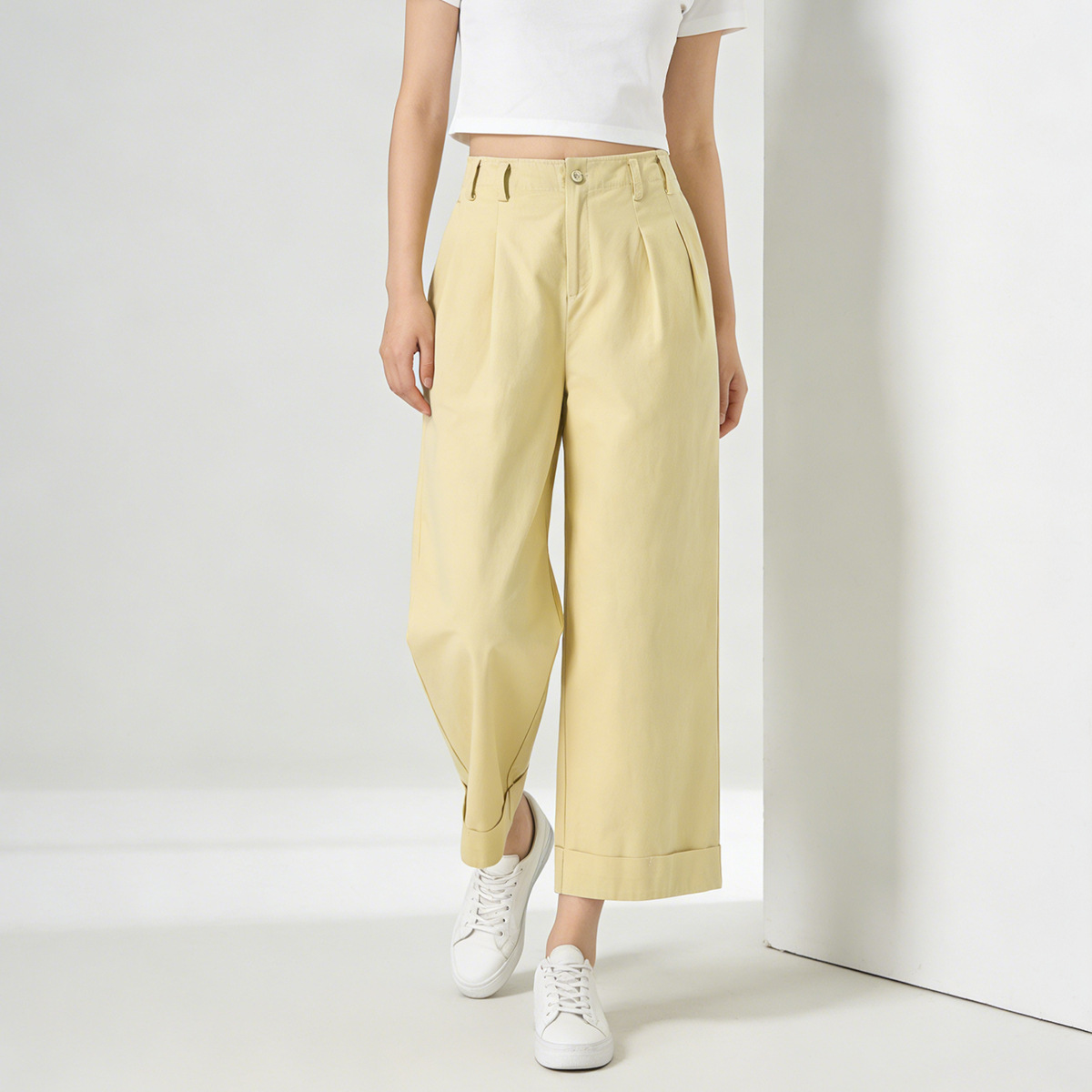 Quần culottes nữ ống rộng cạp cao chất liệu cotton wash — màu vàng chi tiết 3