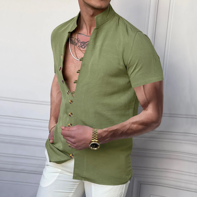 T-shirt da uomo stile europeo e americano transfrontaliero estate 2025, lino retrò, colletto alla coreana con bottoni._voghion.com