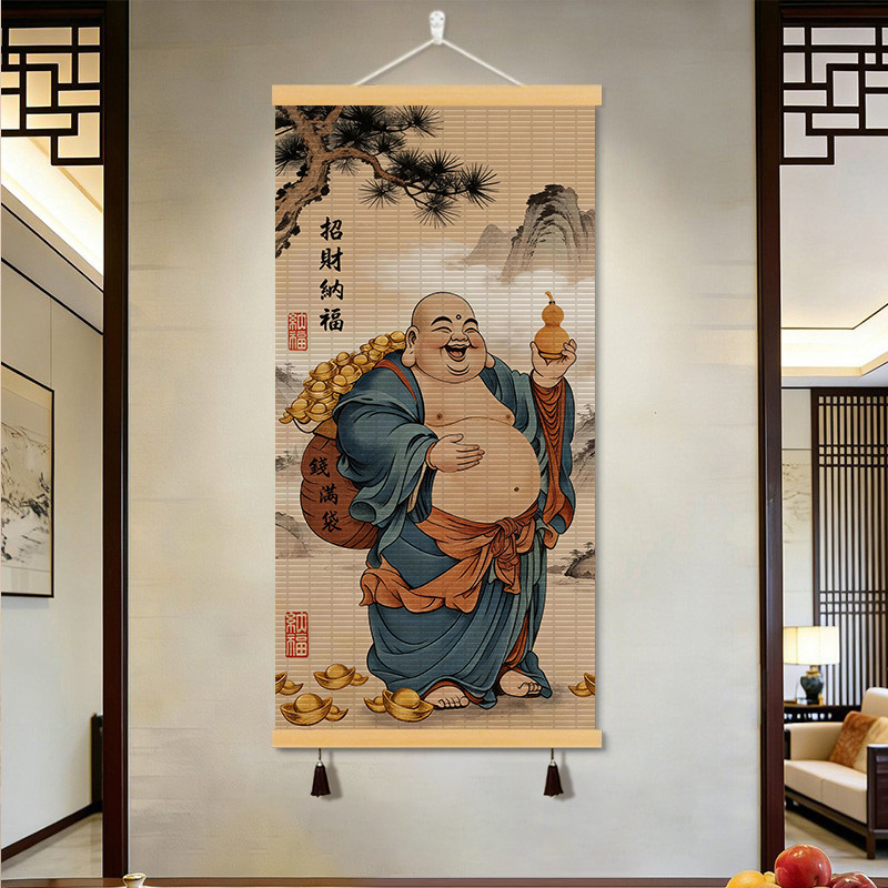 Large Maitreya Buddha New Chinese Style Office Tea Room Entrance Wall Art Decorative Painting for Entryway Directly Opposite the Door with Beaded Curtain and Scroll Hanging Art Large Maitreya Buddha New Chinese Style Office Tea Room Entrance Wall Art Decorative Painting for Entryway Directly Opposite the Door with Beaded Curtain and Scroll Hanging Art