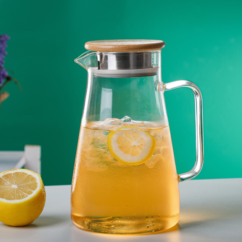 定制高硼硅玻璃冷水壶家用竹钢盖直身水壶大容量钢盖凉水壶玻璃瓶