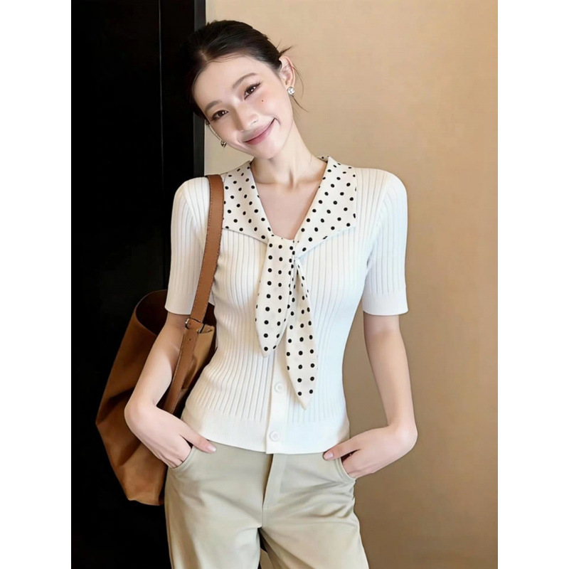White Polka Dot Tie-Neck Short-Sleeve Knit Cardigan for Women, 2026 New Summer Design, Unique and Beautiful Top White Polka Dot Tie-Neck Short-Sleeve Knit Cardigan for Women, 2026 New Summer Design, Unique and Beautiful Top