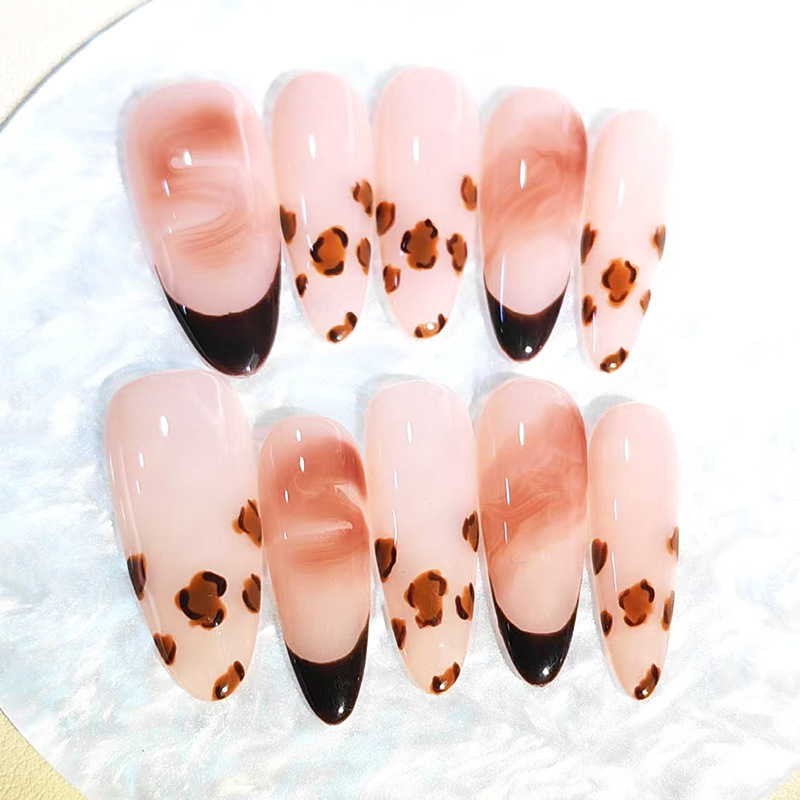 Daily Nude Color Smudged Leopard Print French Style Press-On Nails, Handmade, Brightening Effect, Sweet and Cool Long Cat-Eye Nail Stickers, Removable Daily Nude Color Smudged Leopard Print French Style Press-On Nails, Handmade, Brightening Effect, Sweet and Cool Long Cat-Eye Nail Stickers, Removable