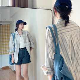 含棉衬衫女复古美式秋季设计感小众长袖上衣春秋韩版宽松衬衣外套