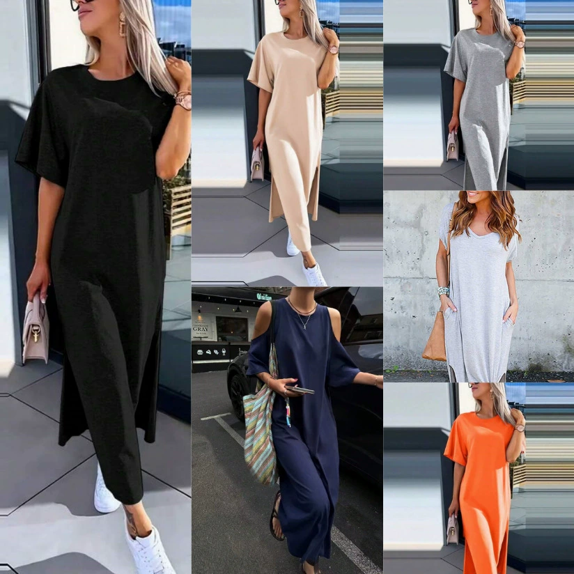 Летнее платье 2025 года, европейско-американский стиль, новинка, хит продаж, однотонное, повседневное, с круглым вырезом, коротким рукавом, свободного кроя, женская одежда