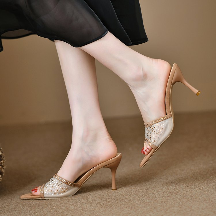 New open-toe pointed mesh rhine-diamond flip-flops female summer wear temperament stiletto heels sandals_voghion.com